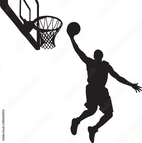 Black silhouette basketball player, dunking, hoop, sports icon, athletic vector