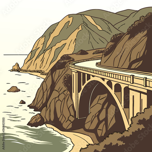 Bixby bridge on highway 1 in big sur, california, usa, illustration of famous bridge