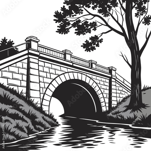 Black and white illustration of a stone bridge over a stream with a tree on the right side