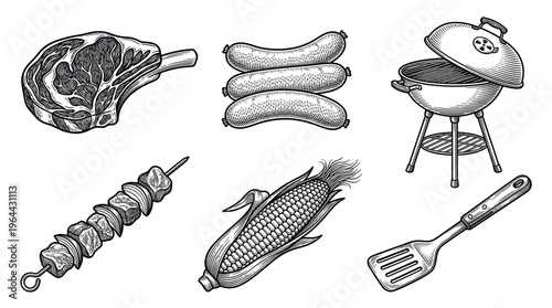 A set of vintage barbecue icons in a hand-drawn engraving style. Includes steak, sausage, grill, and kebab. Perfect for restaurant menus, food packaging, or BBQ party invitations.