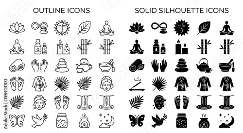 A versatile collection of spa, wellness, and yoga icons. Includes outline and solid silhouette styles. Perfect for branding, websites, and beauty product designs.