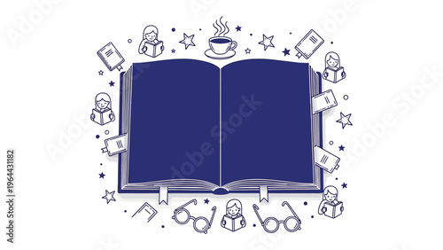 Literary World: A captivating illustration features a grand open book at its center, surrounded by elements of the reading world, perfect for storytelling and education. 