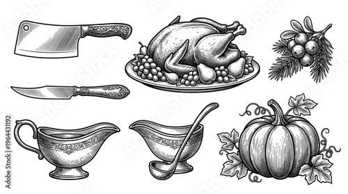 Collection of retro holiday feast elements. Hand-drawn turkey, pumpkin, and cutlery in a vintage engraving style. Perfect for Thanksgiving menus, invitations, or seasonal design.