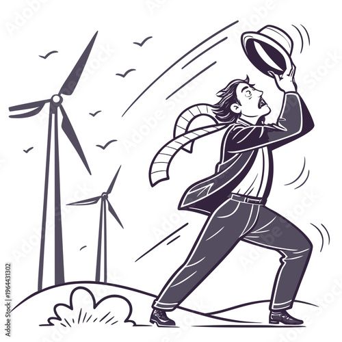 Man struggling to hold on to his hat in strong windy weather with wind turbines