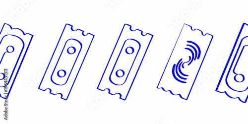Blue line drawing of several ticket stubs with varying designs