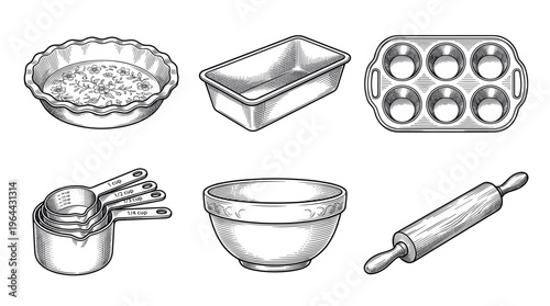 A set of hand-drawn vintage baking tools in a classic engraving style. Includes pie dish, loaf pan, muffin tin, bowl, and utensils. Perfect for recipes, bakeries, or blogs.
