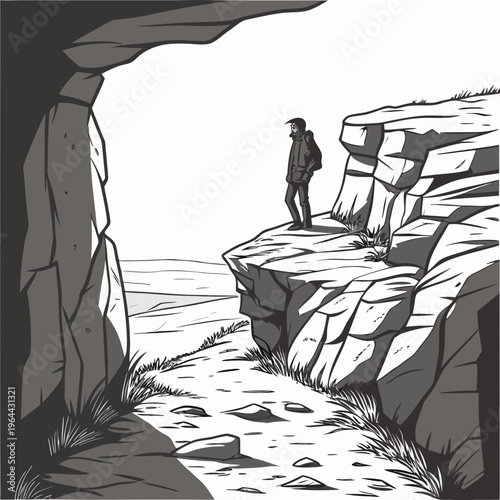 A man stands on a cliff edge looking out at a vast landscape with a rocky outcropping