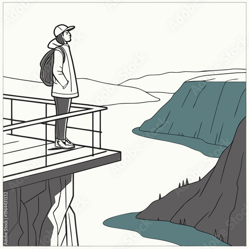 A person wearing a backpack and a cap standing on a cliff edge overlooking a vast landscape