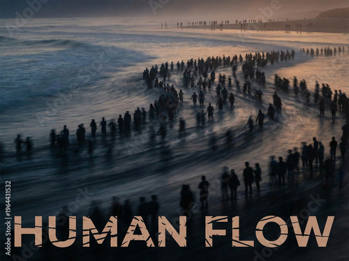 Silhouetted crowd of people walking along a beach shoreline at dusk, waves gently lapping at their feet under a fading sunset sky. For concepts of migration and humanitarian crisis