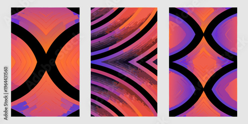 Abstract triptych featuring curved lines and vibrant blended colors