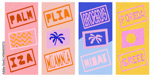 Colorful vertical banners display travel destinations with graphic elements