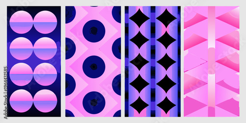 Four vertically oriented panels with repeating geometric patterns in pink and blue