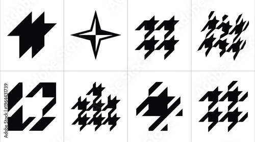 Eight Black Geometric Patterns and Houndstooth Designs on White Background vector illustration