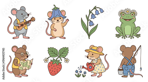 A charming set of cute cartoon mice and a frog enjoying summer activities. Whimsical vector illustrations for kids' books, stickers, and nursery decor.