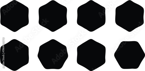 Eight Black Irregular Hexagonal Shapes on White Background rows vector