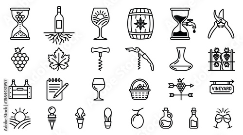 Set of thin line icons for wine and winemaking. Includes grape, bottle, glass, barrel. Perfect vector graphic for winery, restaurant menu, or wine tasting event branding.