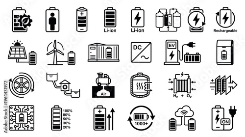 Vector icon set of battery and energy storage technology. Features renewable sources like solar and wind, EV charging, and various battery types. Ideal for green energy concepts.
