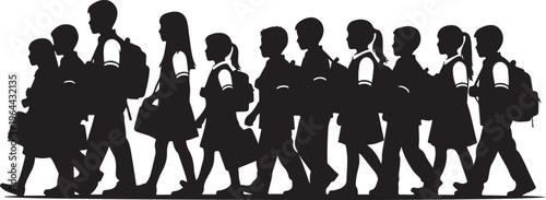 School children, kids walking, black silhouettes, vector icons, education illustrations