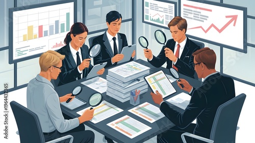 Professional business team analyzing financial charts and data during meeting with magnifying glass focus