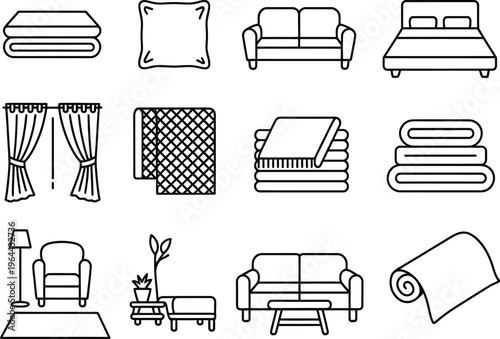 Home textiles icon set, line style, featuring throw blanket, cushion pillow, fabric sofa, bed cover, curtain panel, folded linens, minimal vector for home décor and interior design.