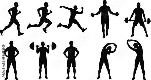 Silhouette of a strong, muscular man with hands on hips, isolated on white background.