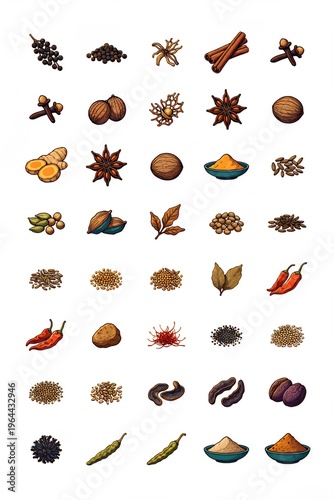 A grid of detailed spice & herb illustrations. It includes common culinary items like cinnamon sticks, star anise, peppercorns, ginger root, dried chili peppers, and various aromatic seeds or powders.