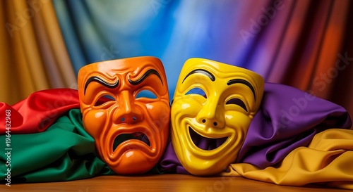 Theatrical comedy and tragedy masks on fabric