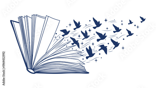 Storytelling Unveiled: An open book releases a flock of birds, symbolizing the liberation of ideas and the boundless realms of imagination.