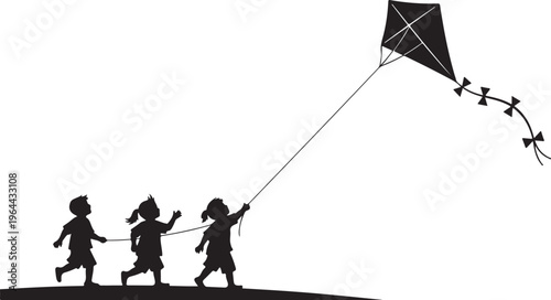 Black silhouette children running with kite, kids playing outdoors, vector illustration, recreational fun