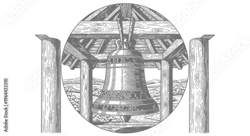 Detailed Engraving of a Bell in a Wooden Structure.