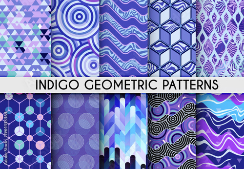 Indigo Blue Geometric Shapes. Seamless pattern.