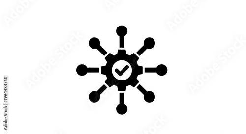 Vector illustration of gear icon with check mark and connected nodes representing system optimization on transparence background