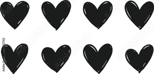 Eight Hand Drawn Black Hearts on White Background rows vector