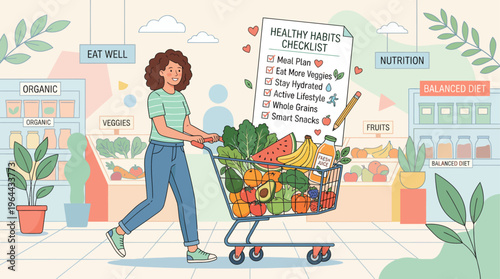 Healthy Lifestyle Grocery Shopping Fresh Food Nutrition Illustration