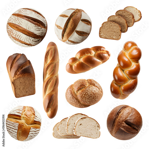 Various types of bread assortment isolated on a transparent background