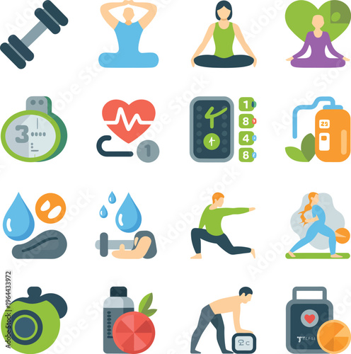 Collection of fitness and wellness icons including dumbbells, yoga poses, healthy food, and heart rate monitor