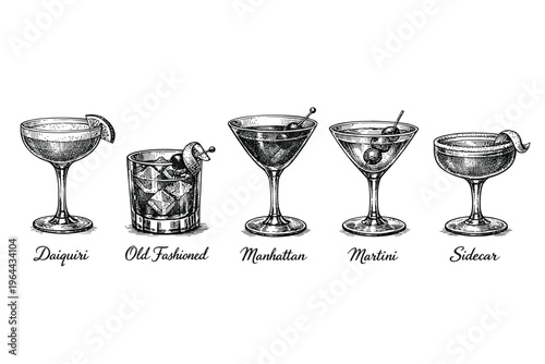  Vintage Cocktail Glass Set Engraving Vector – Daiquiri, Old Fashioned, Manhattan, Martini and Sidecar Hand Drawn Illustration Retro Alcohol Drink Collection Isolated on White Background