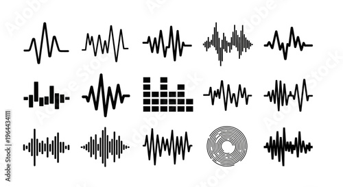 A collection of diverse sound wave visualizations, including oscilloscopes and equalizer bars.