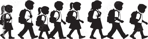 School children, kids walking, silhouettes, backpacks, educational icons, vector graphics