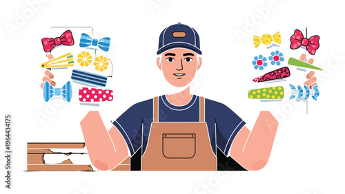 Craftsman Showcasing Accessories: A skilled craftsman, adorned in an apron and cap, presents an assortment of meticulously crafted accessories, demonstrating dedication and craftsmanship.