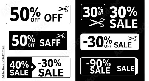 Collection of various discount sale signs and labels featuring percentages off and the word SALE, some with scissors indicating a cut price.