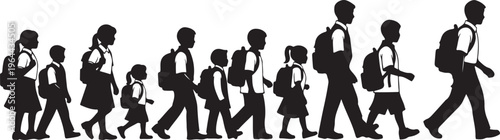 Black silhouettes of school children, kids walking in line, students with backpacks, educational icons