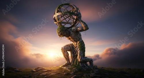 Atlas Statue Holding World Globe Under Dramatic Sky.