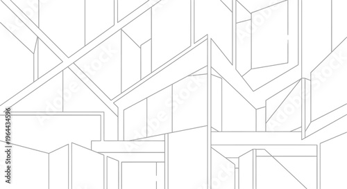 Abstract architectural sketch showcasing intersecting geometric planes and structural elements in a minimalist line drawing style.