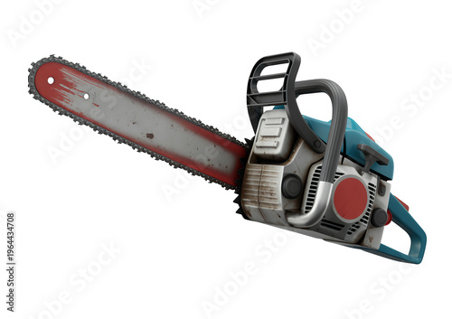 Blue and red chainsaw dark background tool equipment isolated on a transparent background