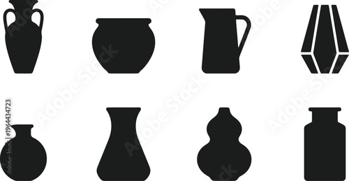 Group of Black Silhouette Vases and Jugs on White Background pottery ceramic