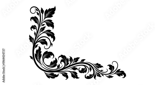 Elegant Black Horizontal Floral Border with Swirling Leaves and Decorative Vine Elements on Isolated White Background.