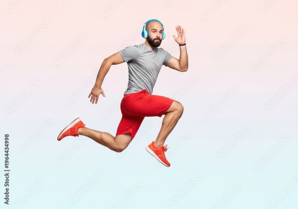 Obraz premium Athletic man jumping mid-stride wearing headphones and red shorts