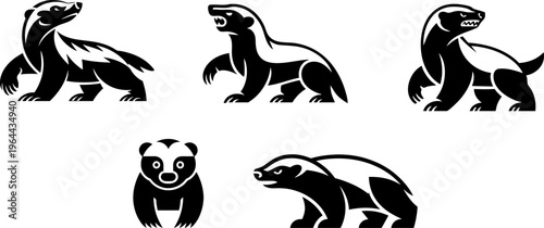 Honey badger silhouette designs collection, various poses flat vector design.