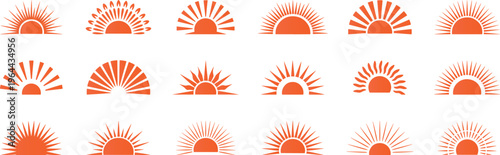 Sun rise set, sunset clipart designs collection, half sun icon set,  radiant sun ray for logos, icons, and stock marketplaces flat vector design.
